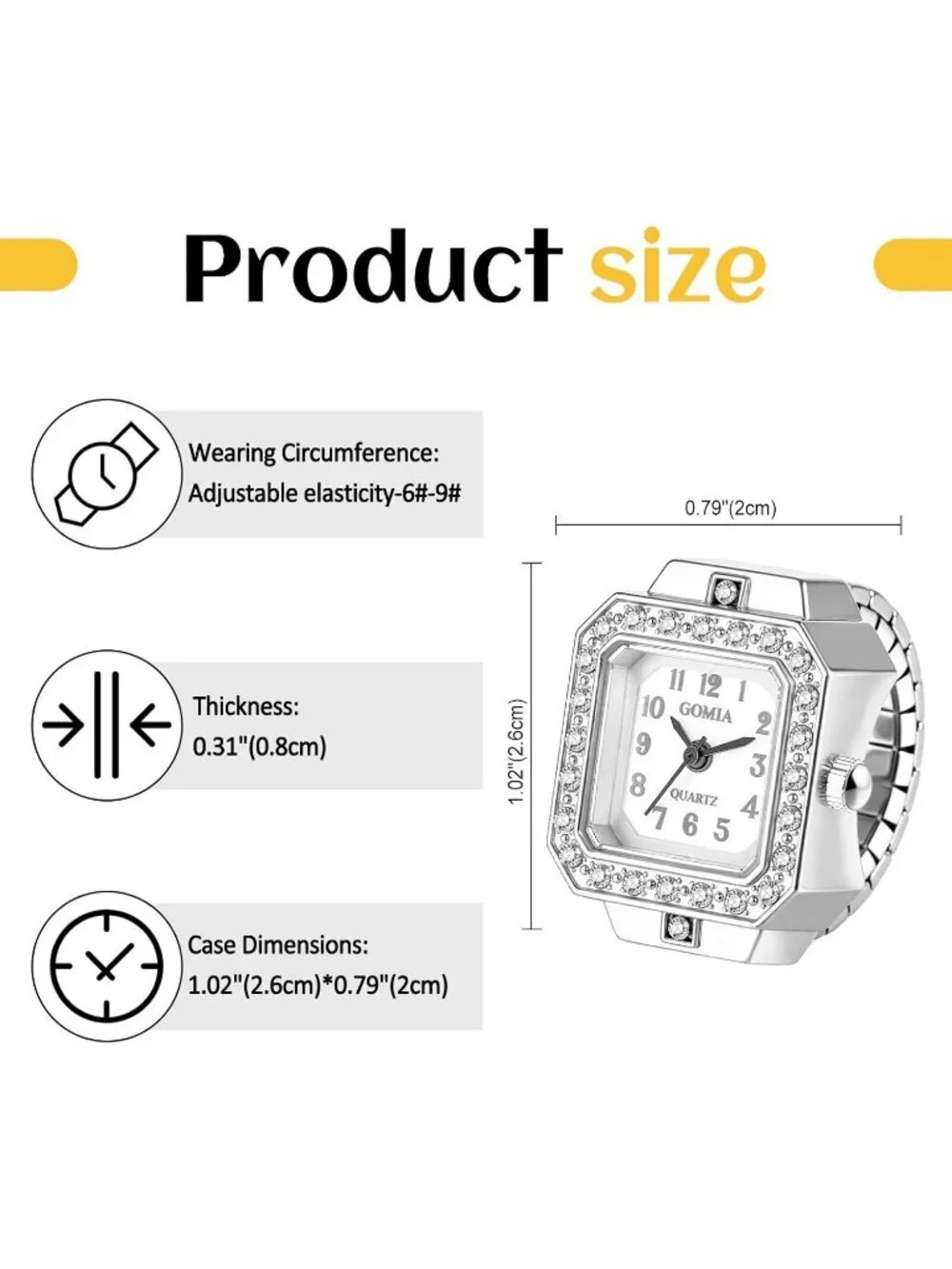 Unisex Silver Quartz Bling Stainless Steel Elastic Band Square Finger Ring Watch